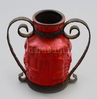 Német retro váza, kovácsolt vas szerelékkel, m: 14 cm