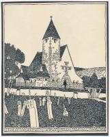 cca 1910 Kós Károly (1883-1977): Zebegényi templom. Fametszet, papír, jelzett a dúcon, kartonra kasírozva, 21x16 cm