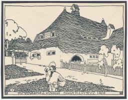 cca 1910 Kós Károly (1883-1977): Kis udvarház udvara. Fametszet, papír, jelzés nélkül, kartonra kasírozva, 11x14,5 cm