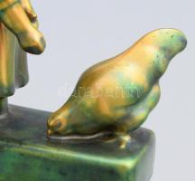 Zsolnay kisplasztika - Tyúkot etető kislány. Terv.: Sinkó András. Eozin mázakkal bevont finomfajansz...