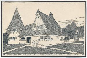 cca 1910 Kós Károly (1883-1977): Kis udvarház műteremmel. Fametszet, papír, jelzés nélkül, kartonra kasírozva, 10,5x16 cm
