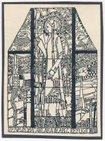 cca 1910 Kozma Lajos (1884-1948): "Zeneszoba ablaka, Lapis Refugii", fametszet, papír kartonra kasírozva, jelzett a dúcon, 10,5x7,5 cm