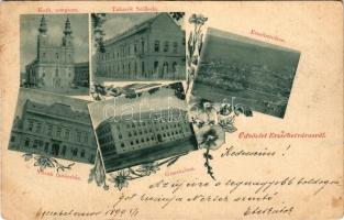 1898 (Vorläufer) Erzsébetváros, Dumbraveni; Római katolikus templom, Takarék szálloda, Városi tanácsház (városháza), gimnázium / Catholic church, hotel, town hall, grammar school. Art Nouveau, floral (EB)