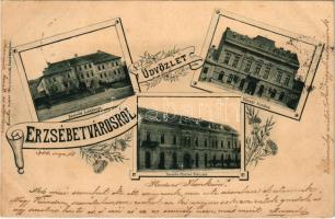 1900 Erzsébetváros, Dumbraveni; Honvéd laktanya, Városi tanács (városháza), Takarékpénztár szálloda. Scholtes Albert kiadása, szecessziós-virágos keret / K.u.K. military barracks, town hall, hotel. Art Nouveau, floral (gyűrődés / crease)