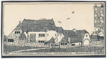 cca 1910 Kozma Lajos (1884-1948): "Lapis Refugii, lakóház délkeletről", fametszet, papír kartonra kasírozva, jelzett a dúcon, 8,5x16 cm