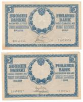 Finnország 1909. 5M (2x) klf aláírásokkal T:F tűlyuk Finland 1909. 5 Markkaa (2x) diff signatures C:F Krause P#009
