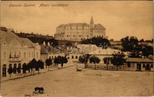 1914 Léva, Levice; Kossuth tér, Állami tanítóképző, sörcsarnok. Schulcz Ignác kiadása / square, teachers training institute, beer hall (r)