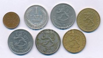 Lettország 1924. 1L Ag + Finnország 1963-1965. 20p Al-bronz (2xklf) + 1964. 1p bronz + 1966. 1M billon + 1970-1981. 1M Cu-Ni (2xklf) T:VF, patina Latvia 1924. 1 Lats Ag + Finland 1963-1965. 20 Pennia Al-bronze (2xdiff) + 1964. 1 Penni bronze + 1966. 1 Markka billon + 1970-1981. 1 Markka Cu-Ni (2xdiff) C:VF, patina