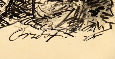 Orsós Ferenc (1879-1962): Vízparti táj. Tus, papír, jelzett. 38×51 cm