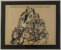 Kádár Béla (1877-1956): Forgatag. Tus, papír, jelezve jobbra lent, üvegezett fakeretben, 23,5x30 cm. Proveniencia: Korábban Tommy Vig (1938-) világhírű zenész gyűjteményében. / ink on paper, signed, framed. 23,5x30 cm.