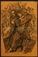 Kádár Béla (1877-1956): Forgatag. Tus, papír, jelzés nélkül, üvegezett fakeretben, 58,5x39 cm. Proveniencia: Korábban Tommy Vig (1938-) világhírű zenész gyűjteményében. / ink on paper, unsigned, framed. 58,5x39 cm.