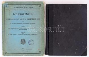 A M. Kir. Kormány 1935. évi működéséről és az ország közállapotairól szóló Jelentés és Statisztikai Évkönyv. Bp., 1937, Athenaeum. Kiadói félvászon-kötés, intézményi bélyegzővel (Szatmár, Ugocsa és Bereg Közigazgatásilag Egyelőre Egyesített Vármegyék Levéltárnoka). + Die Ergebnisse der Viehzählung vom 31. Dezember 1910 in den im Reichsrate vertretenen Königreichen und Landern. 1. Heft. Die Summarischen Ergebnisse der Viehzählung. Wien, 1912, Bureau der K. k. Staatischen Zentralkomission. Német nyelven. Kiadói sérült papírkötés, intézményi bélyegzővel.
