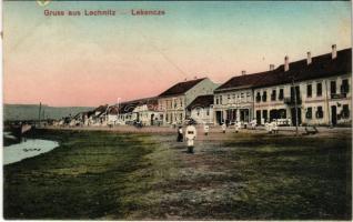 Szászlekence, Lekence, Lechinta, Lechnitz; utca, Községi vendéglő, Jacob Schreiber üzlete. Csallner &amp; Gross kiadása / street view, restaurant, shops + "MAROS-LUDAS - BESZTERCE 132." vasúti mozgóposta bélyegző