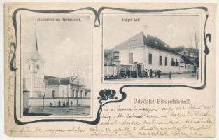 1916 Bibarcfalva, Biborteni; Református templom, papi lak / Calvinist church, vicarage. Art Nouveau, floral (EM)