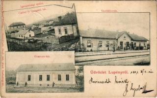 1904 Lupény, Lupeni; Igazgatósági épület, casino, lak, vasútállomás, Grausam ház. Grausam József kiadása, Honisch udv. fényképész felvétele / directorate, casino, railway station. Art Nouveau, floral (gyűrődés / crease)