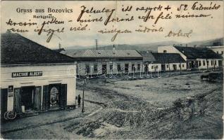 1907 Bozovics, Bozovici; Marktplatz / Piactér, Magyari Albert, Joh. Standilovits üzlete. Káden József kiadása / market square, shops (r)