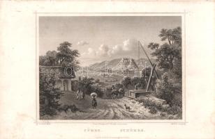 [Látkép] Sümeg acélmetszetű látképe. Ludwig Rohbock (1824-1893) német grafikusművész rajza a "Magyarország és Erdély eredeti képekben" című illusztrált topográfiai műből. Darmstadt, (1860). Druck und Verlag von G. G. Lange. Acélmetszet, mérete: 115x155 mm, lemezméret: 130x170 mm, lapméret: 155x235 mm. Ludwig Rohbock (1824-1893) nürnbergi grafikusművész, tájképfestő. Európa számos országát bejárta, a Duna vidékét először 1855-ben kereste fel, 1856-1863 között utazta be hazánkat, számos vázlatot készítve. Rohbock romantikus látképei kissé idealizálják a valóságot, ám meglepő pontossággal örökítik meg Magyarország és Erdély kiemelt fontosságú épületeit, utca- és városképeit, várromjait és várait, kastélyait, fürdőit és hegycsúcsait, templomait és kolostorait. A német festő kiemelt figyelmet szentelt a bemutatott vidék néprajzi karaktere bemutatásának, a látképek előterében a korabeli városi és népi viseletek eredeti környezetükben tűnnek fel, az előtér emberi jelenetei egyben megörökítik a századközép szokás- és viselkedésrendjét is. Látképünkön a sümegi várhegy tűnik fel, a Bakony hegyeinek gyűrűjében, az előtérben gémeskút és présház közötti ökrös szekeres népi jelenet. A látkép eredetileg a Hunfalvy János szövegével megjelent háromkötetes mű második kötetében jelent meg, látképünk a kötet 344. oldalához tartozó, éles kontúrú acélmetszet. Jó állapotú lap.