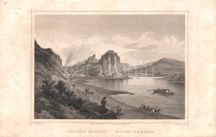 [Látkép] Dévény romjai. Ruine Theben. Ludwig Rohbock (1824-1893) német grafikusművész részletgazdag acélmetszete a "Magyarország és Erdély eredeti képekben" című illusztrált topográfiai műből. Darmstadt, (1860). Druck und Verlag von G. G. Lange. Acélmetszet, mérete: 115x155 mm, lemezméret: 130x170 mm, lapméret: 155x235 mm. Ludwig Rohbock (1824-1893) nürnbergi grafikusművész, tájképfestő. Európa számos országát bejárta, a Duna vidékét először 1855-ben kereste fel, 1856-1863 között utazta be hazánkat, számos vázlatot készítve. Rohbock romantikus látképei kissé idealizálják a valóságot, ám meglepő pontossággal örökítik meg Magyarország és Erdély kiemelt fontosságú épületeit, utca- és városképeit, várromjait és várait, kastélyait, fürdőit és hegycsúcsait, templomait és kolostorait. A német festő kiemelt figyelmet szentelt a bemutatott vidék néprajzi karaktere bemutatásának, a látképek előterében a korabeli városi és népi viseletek eredeti környezetükben tűnnek fel, az előtér emberi jelenetei egyben megörökítik a századközép szokás- és viselkedésrendjét is. Látképünkön a Duna által körülölelt dévényi várhegy sziklája tűnik fel, a szikla maga tükröződik a vízben, a folyón úgynevezett tetejes hajó szállít árut, a folyóparton ebből következő lóvontatási jelenet, kissé távolabb utasokat szállító homokfutó, közvetlenül előttünk pedig bottal ülő vándor zsánerrajza. A látkép eredetileg a Hunfalvy János szövegével megjelent háromkötetes mű második kötetében jelent meg, látképünk a kötet 75. oldalához tartozó, éles kontúrú acélmetszet. Jó állapotú lap.