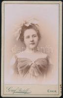 cca 1900 Udvardy Nelli mint nimfa, keményhátú fotó Graf Rudolf egri műterméből, 10,5×6,5 cm