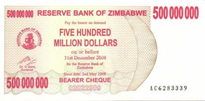 Zimbabwe 2007. 100$ + 500.000.000$ (5x) közeli sorszámokkal T:I