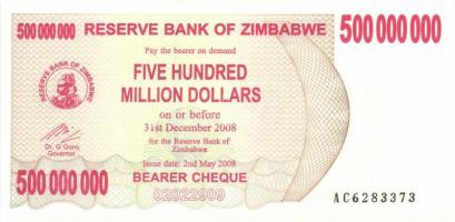 Zimbabwe 2007. 100$ (2x) + 500.000.000$ (4x) egymás utáni ill. közeli sorszámokkal T:I