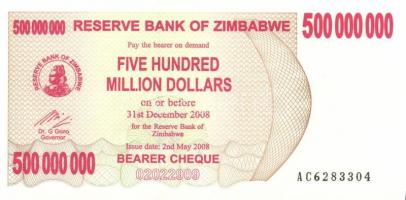 Zimbabwe 2007. 100$ (2x) + 500.000.000$ (4x) egymás utáni ill. közeli sorszámokkal T:I