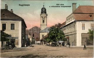 1914 Nagybánya, Baia Mare; Híd utca, Református templom, Frenkel üzlete. Kovács Gyula kiadása / street view, Calvinist church, shops (EK)