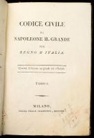 Codice Civile di Napoleone il Grande pel Regno d'Italia. Tomo I. Milano, 1806., dalla Reale Stamperia, XXIX+322 p. Olasz nyelven. Csak I. kötet. Korabeli félbőr-kötésben, kopott borítóval, a táblákon a papírborítás sérült, az elülső szennylapon bejegyzésekkel. /  Codice Civile di Napoleone il Grande pel Regno d'Italia. Tomo I. Milano, 1806., dalla Reale Stamperia, XXIX+322 p. In Italian language. Only Tomus I. Half-leather binding, worn cover, the paper cover on the board damaged.