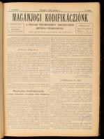 1902 Magánjogi Kodifikácziónk. A polgári törvénykönyv tervezetének kritikai feldolgozása. Az 1902. évi I. évfolyam egybekötött számai (nem teljes), közte az induló számmal. Bp., Márkus Samu-ny. Korabeli félbőr-kötésben, kissé viseltes borítóval és gerinccel, néhány sérült, kijáró lappal, intézményi bélyegzőkkel.
