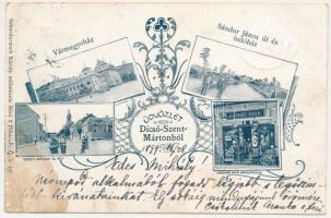 1899 (Vorläufer) Dicsőszentmárton, Tarnaveni, Diciosanmartin; Vármegyeháza, Nemzeti szálloda és Fő utca, Sándor János út és indóház, vasútállomás, Első Magyar Általános Biztosító Társaság kerületi ügynöksége, Jeremiás Áron üzlete. Schwidernoch Károly műintézete, szecessziós-virágos keret / county hall, hotel and main street, insurance company, shop. Art Nouveau, floral (EB)