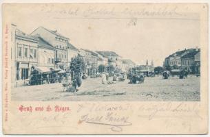 1899 (Vorläufer) Szászrégen, Sächsisch-Regen, Reghin; Piactér, üzletek. Rudolf Burghardt kiadása / market square, shops (EB)
