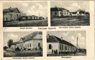 1912 Gyér, Giera; vasútállomás, gőzmozdony, vonat, Gyertyánfy Andor (Gyertyánffy) kastélyok, Községháza. A. Weiser Photographisches Atelier (Versec) / railway station, locomotive, train, castles, town hall (fl)