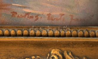 Rákosi Uitz János (1887-1972): Libaitató. Olaj, furnér. Jelzett, Üvegezett dekoratív keretben. 25x35...