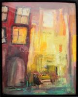 Bayer Gábor (XX. sz. vége): Utcarészlet. Olaj, farost. Plexiüvegezett keretben, 50×40 cm