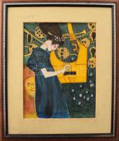 Tóth Mariann?: Apollón Lyrával. Akvarell, selyemre festve, jelzés nélkül. Keretben 24x18 cm