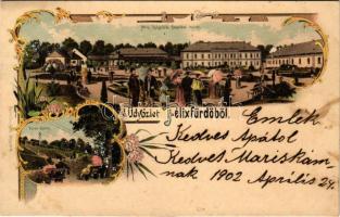 1902 Félixfürdő, Baile Felix; Gyógyfürdő Nagyvárad mellett, vasútállomás. Sonnenfeld Adolf kiadása, szecessziós-virágos litho / spa, baths, railway station. Art Nouveau, floral, litho (ázott sarok / wet corner)