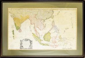 1748 Mayer, Tobias (1723-1762) - Dorn, Sebastian (1705-1778): Carte des Indes Orientales dessinée suivant les observations les plus recentes, dont le principal est tirée des cartes hydrographiques de Mr. D'Apres de Mannevillette. Dediée tres humblement á Son Altesse Serenissime Monsgr. le Prince Guillaume Charles Henry Friso, Souverain Prince d'Orange, Pr. de S.E. de Nassa, Stadthoudre hereditaire, Admiral et General Capit. des Provinces unies etc. etc, Chevalier de l'Ordre de Jarretiere, par ses tres humbles et tres soumis serviteurs l'Auteur et les. Heritiers de Homan. ... Nuremberg, 1748,   les Heritiers de Homann, francia nyelven, színezett rézmetszet, papír, jelzett a dúcon, paszpartu, üvegezett fa keretben, kis gyűrődésektől, apró foltoktól eltekintve jó állapotban, 51x86 cm, keret: 71x106 cm