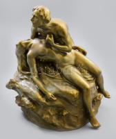 Zsolnay plasztika - Orpheusz és Eurüdiké. Formába öntött, savmaratott eozinmázakkal fedett finomfajansz. Terv.: Szamovolszky Ödön. 1905 körül. Jelzett, talpánál kis kopással, az eozinmáz néhol buboréknyomos, m: 36,5 cm /// KIZÁRÓLAG SZEMÉLYES ÁTVÉTEL, NEM POSTÁZZUK / ONLY PERSONAL COLLECTION IN OUR OFFICE!