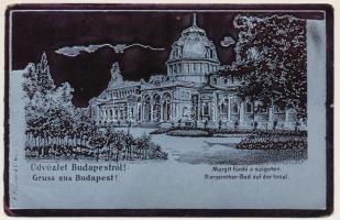Budapest XIII. Margitsziget, Margit fürdő. F. Fischer &amp; Co., szecessziós fémes hatású fóliás képeslap / spa. Art Nouveau, metallic foil postcard (lyuk / pinhole)