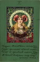1902 Szecessziós hölgy művészlap, ragasztott / Art Nouveau lady postcard (EK)
