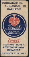 cca 1920-1930 Eriwol cipőkrém, Eriwol Vegyipari Művek Rt. Budapest számolócédula, kisebb szakadással