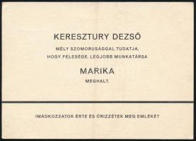 1975 Keresztury Dezső (1904-1996) író gyászlapja és saját kezű sorai felesége haláláról