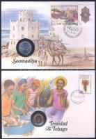 5db bélyeges érmés boríték benne Francia Polinézia, Szomália, Trinidad és Tobago, Uruguay T:1,1-,2