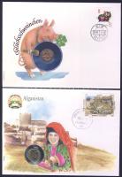 5db bélyeges érmés boríték benne Afganisztán, Argentína, Bermuda-szigetek, Chile, Guernsey, ismertet...