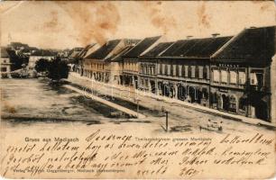 1908 Medgyes, Mediasch, Medias; Theilansicht vom grossen Marktplatz. Fritz Guggenberger / piactér, üzletek, Weingau / market, shops (fl)