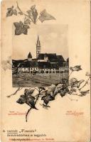 Medgyes, Mediasch, Medias; Piactér, templom, Rothschild üzlete. Fritz Guggenberger kiadása, "Franck" kávépótló reklám / market square, church, shops. Art Nouveau, floral with coffee substitute advertisement (EB)
