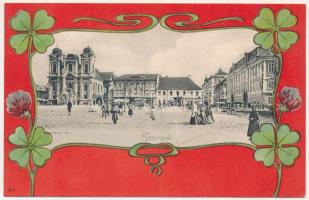 Temesvár, Timisoara; Losonczy tér, piac. Szecessziós litho keret lóherével. Uhrmann Henrik kiadása / square, market. Art Nouveau litho frame with clovers (EK)