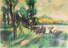 Doór Ferenc (1918-2015): Dunaföldváron, etetés a halastóban. Pasztell, papír, jelzett, autográf felirattal a hátoldalon. Apró lapszéli szakadásokkal. 37x52 cm