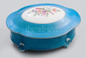 Virágmintás német bonbonier, jelzett, kis kopással, 15x10,5 cm