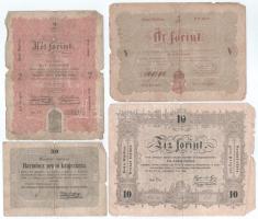 "Kossuth bankó" tétel, benne: 1848. 2Ft "JV. 77522" + 5Ft barna nyomat "UÜ.u. 149295" + 10Ft "Űt. 9624 22" + 1849. 30kr "e. gf." T:VG,G, anyaghiány, szakadás Adamo G103, G106, G109A, G111